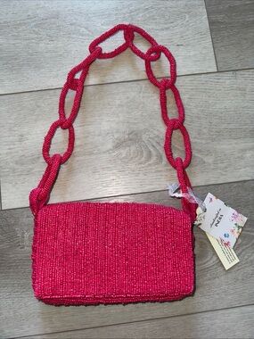 Hot Pink Raspberry Viral Beaded Chain-Strap Shoulder Bag